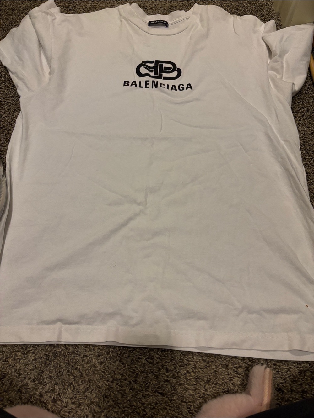 Balenciaga White Short Sleeve Logo Tee with Black Emblem